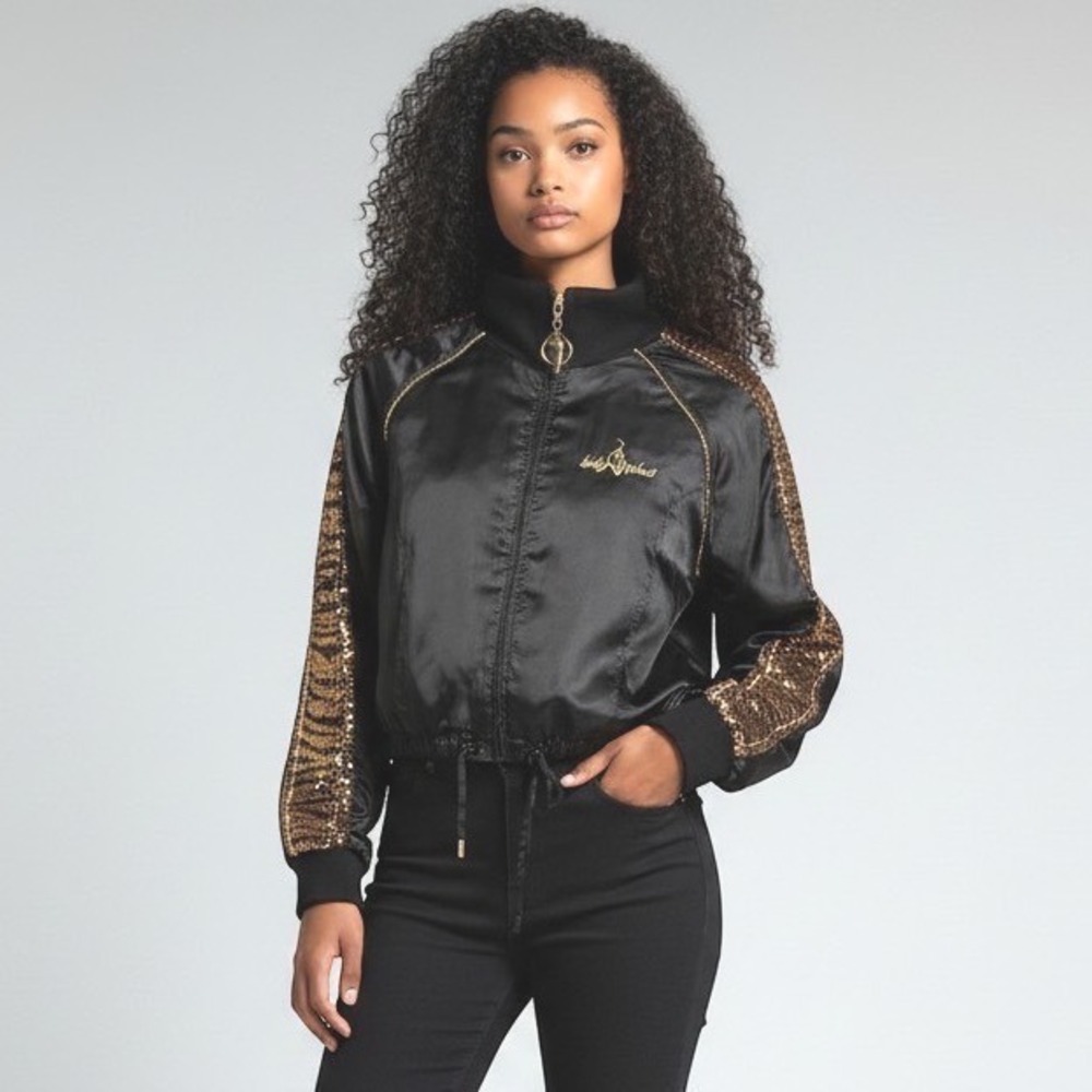 Y2K BABY PHAT Vintage Rare M-L Satin Sequin Tiger Stripe Bomber Cropped Jacket